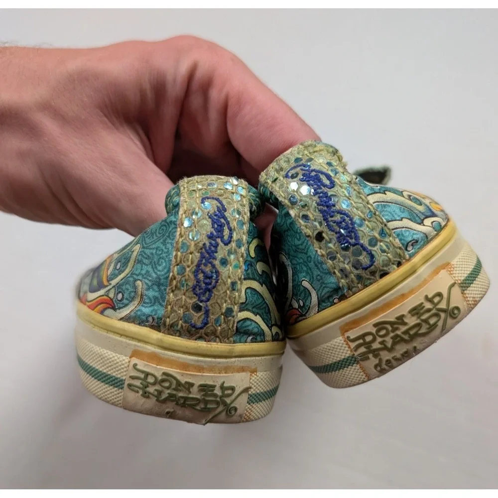 Ed Hardy Womens Size 10 Slip On Shoes Embroidered Glitter Mermaid Y2K Vintage